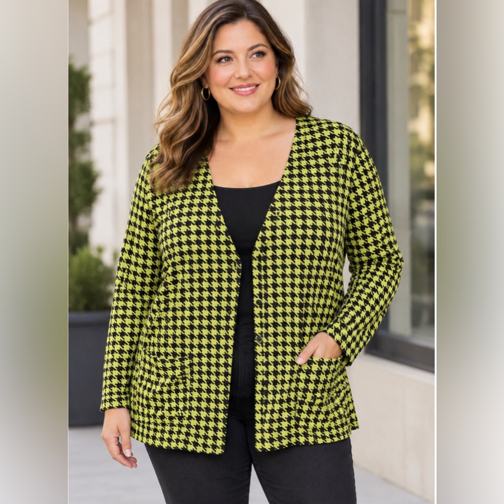 Joan Rivers Green and Black Houndstooth Button-Front Cardigan Sweater 3X